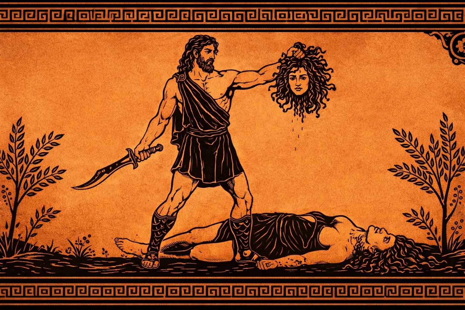 Περσέας κρατά το κεφάλι της Μέδουσας μετά τη νίκη του – εικονογράφηση εμπνευσμένη από την αρχαία ελληνική αγγειογραφία.