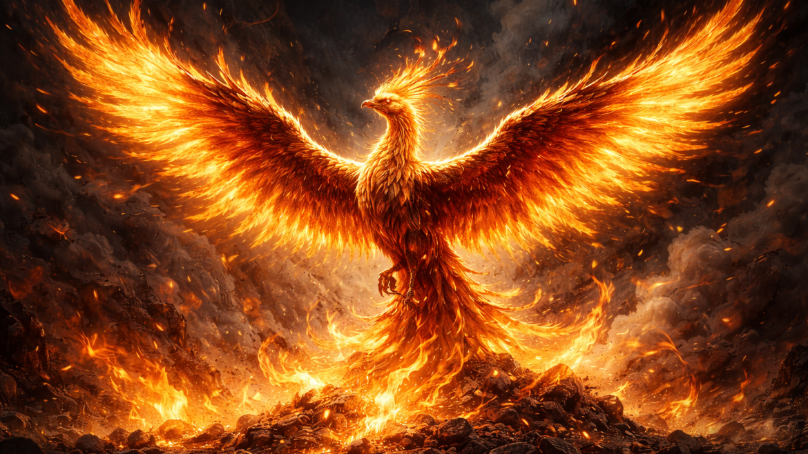 Φοίνικας αναγεννάται από τις φλόγες και τις στάχτες, μυθικό πουλί της ελληνικής μυθολογίας, σύμβολο αναγέννησης και αθανασίας