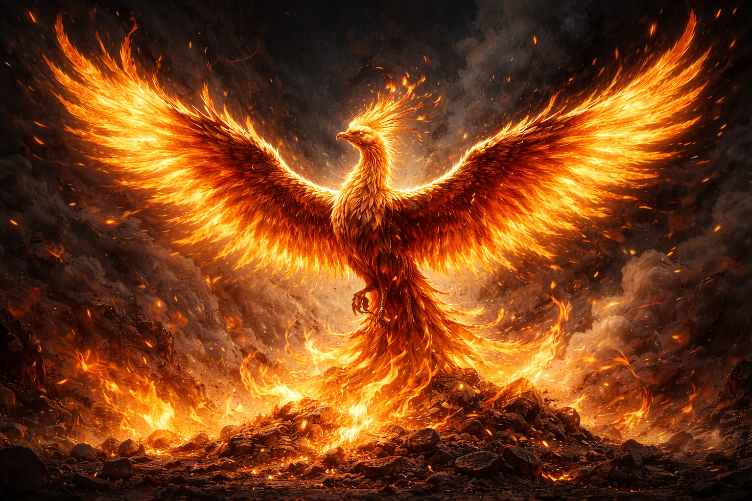 Φοίνικας αναγεννάται από τις φλόγες και τις στάχτες, μυθικό πουλί της ελληνικής μυθολογίας, σύμβολο αναγέννησης και αθανασίας