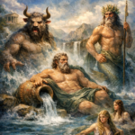 Απεικόνιση των Ποτάμιων Θεών της ελληνικής μυθολογίας σε ποτάμινο τοπίο με θεϊκές μορφές, καταρράκτες και νύμφες Ναϊάδες