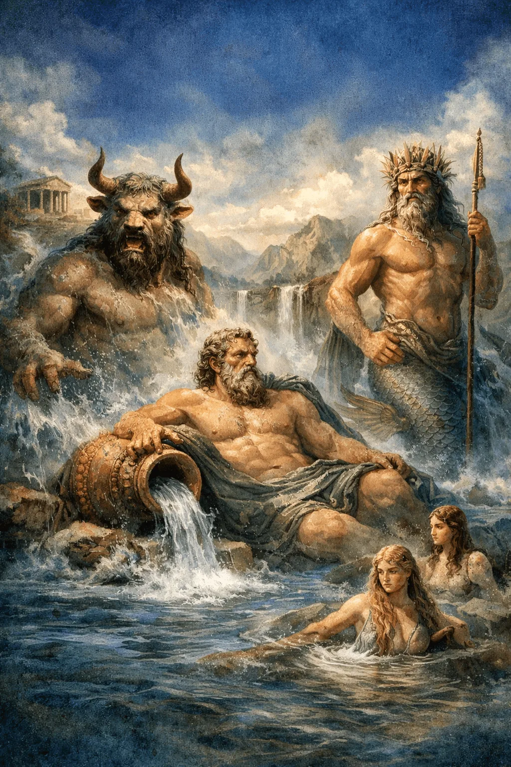 Illustration of the River Gods of Greek mythology in a river landscape with divine forms, waterfalls and nymphs Naiades