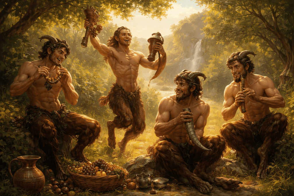 Satyrus of Greek mythology with animal characteristics in a natural landscape, accompanied by Dionysus
