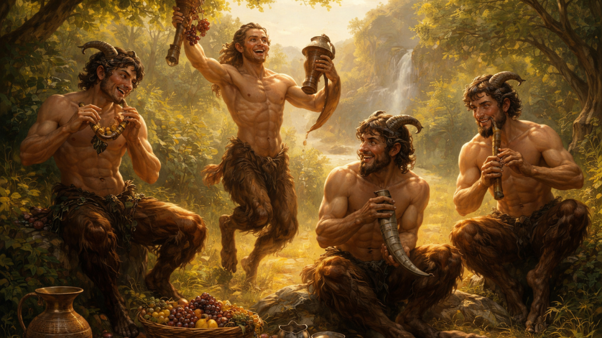 Σάτυρος της ελληνικής μυθολογίας με ζωώδη χαρακτηριστικά σε φυσικό τοπίο, συνοδός του Διονύσου