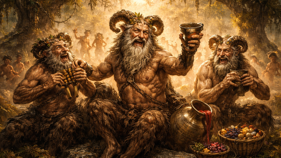 Σειληνοί σε διονυσιακή σκηνή μέσα σε δάσος με κρασί, μουσική και χορό, μυθικά όντα της ελληνικής μυθολογίας