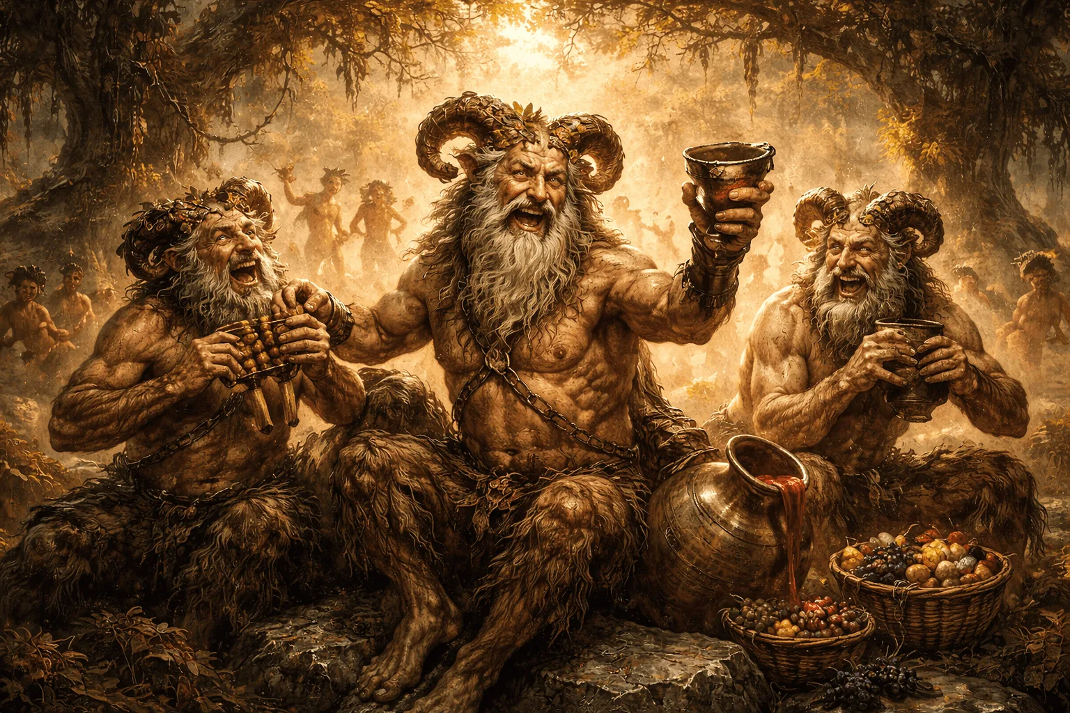 Moons in a dionysian scene in a forest with wine, music and dance, mythical beings of Greek mythology