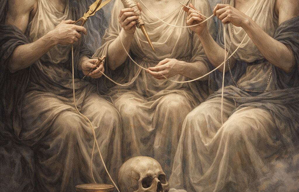 Οι τρεις Μοίρες της ελληνικής μυθολογίας υφαίνουν το νήμα της μοίρας, με την Κλωθώ, τη Λάχεσι και την Άτροπο σε ατμοσφαιρική καλλιτεχνική απεικόνιση