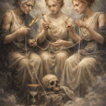 Οι τρεις Μοίρες της ελληνικής μυθολογίας υφαίνουν το νήμα της μοίρας, με την Κλωθώ, τη Λάχεσι και την Άτροπο σε ατμοσφαιρική καλλιτεχνική απεικόνιση