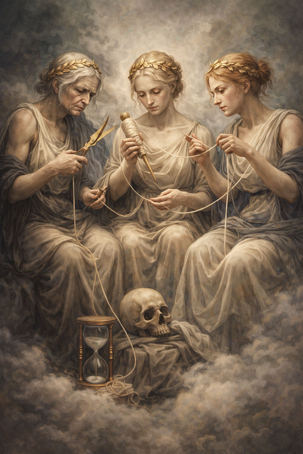Οι τρεις Μοίρες της ελληνικής μυθολογίας υφαίνουν το νήμα της μοίρας, με την Κλωθώ, τη Λάχεσι και την Άτροπο σε ατμοσφαιρική καλλιτεχνική απεικόνιση