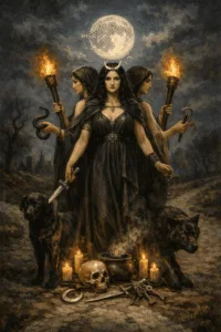 Hecate the goddess of magic in Greek mythology at a night crossroads with torches, keys and dogs, in a style of classical painting