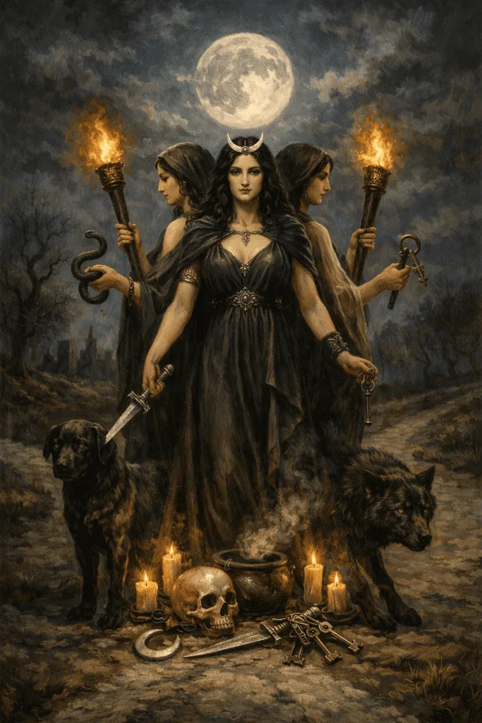 Hecate the goddess of magic in Greek mythology at a night crossroads with torches, keys and dogs, in a style of classical painting