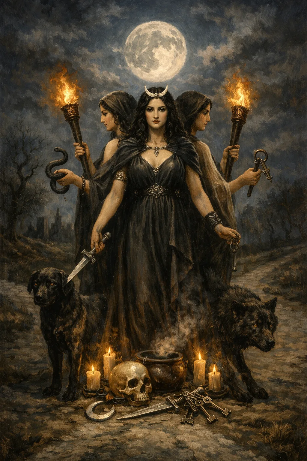 Εκάτη η θεά της μαγείας στην ελληνική μυθολογία σε νυχτερινό σταυροδρόμι με δάδες, κλειδιά και σκυλιά, σε ύφος κλασικού ζωγραφικού πίνακα
