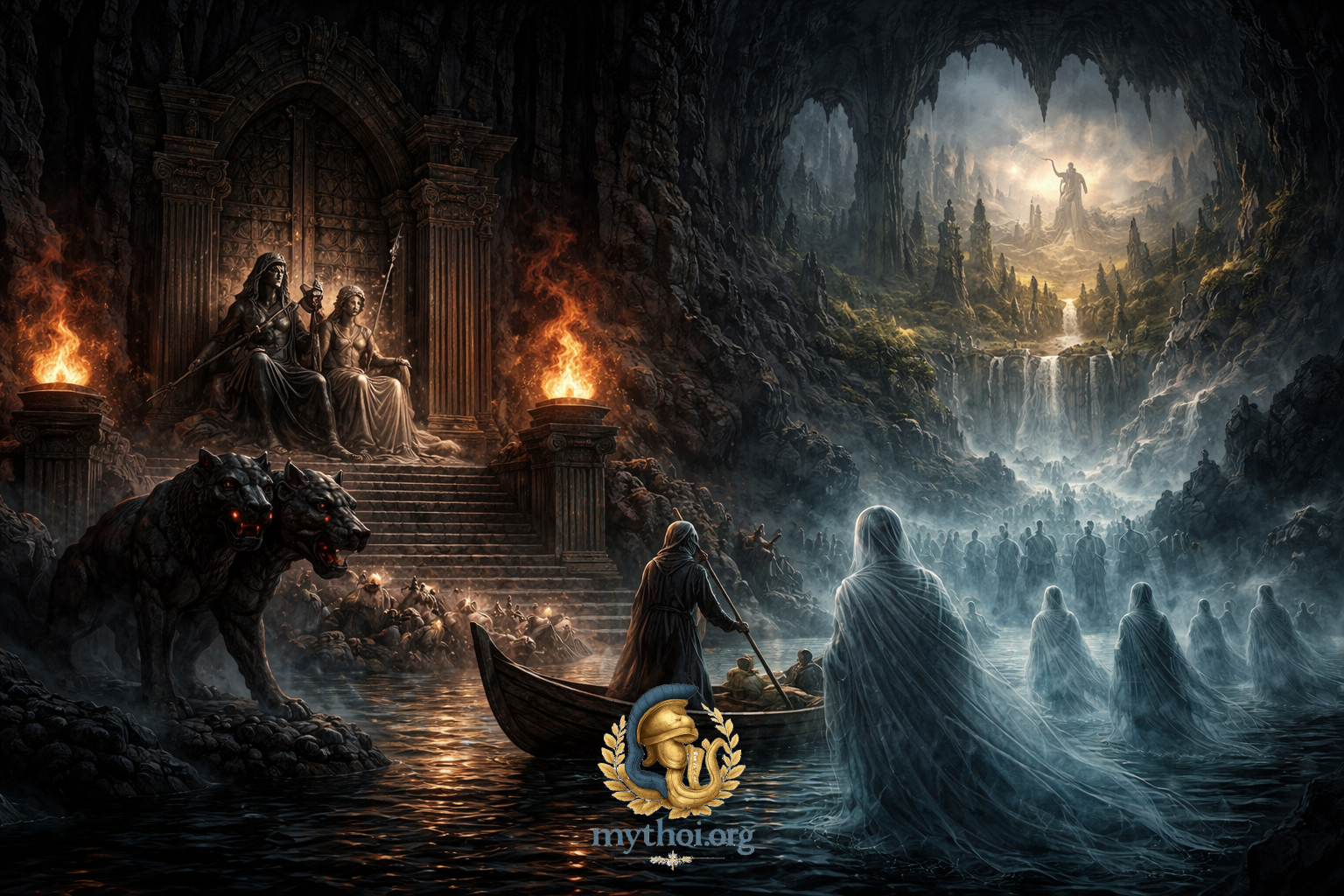 Επική απεικόνιση της μεταθανάτιας ζωής στην Αρχαία Ελλάδα με τον Άδη, τον Χάροντα, τις ψυχές των νεκρών και τα Ηλύσια Πεδία