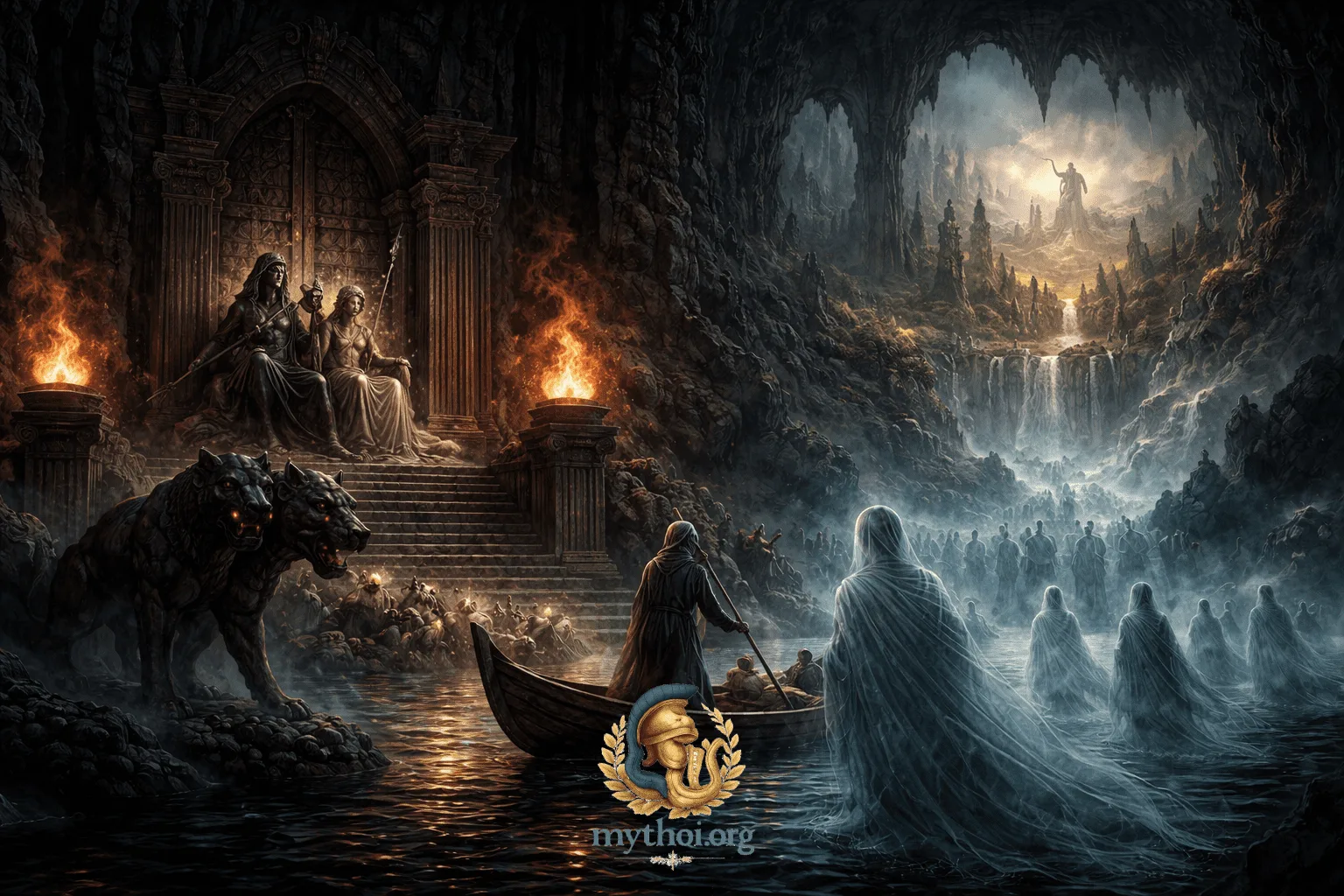Epic depiction of posthumous life in Ancient Greece with Hades, Haron, the souls of the dead and the Elysian Fields