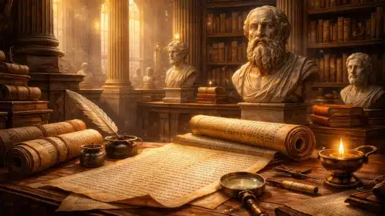 Hero image με αρχαία ελληνικά κείμενα, πάπυρους, βιβλία και αγάλματα φιλοσόφων, που αναπαριστά τις Πρωτογενείς Πηγές της Ελληνικής Μυθολογίας