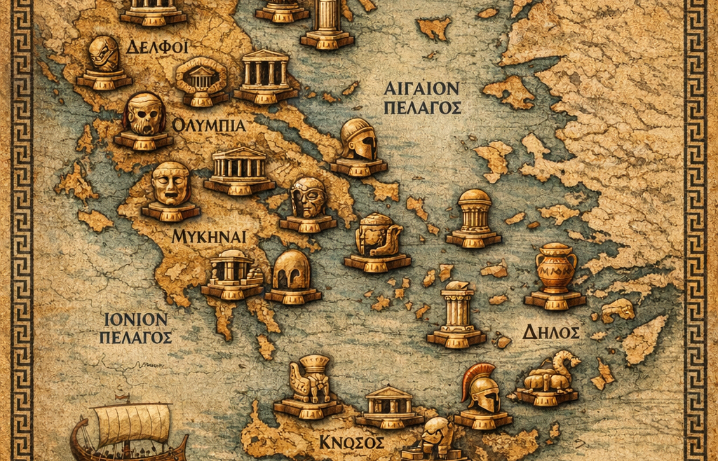 Χάρτης της Ελλάδας σε αρχαίο στυλ παπύρου με επισημασμένους αρχαιολογικούς χώρους όπως Δελφοί, Ολυμπία, Μυκήνες, Κνωσός και Δήλος.