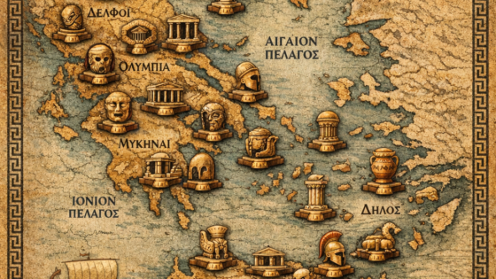 Χάρτης της Ελλάδας σε αρχαίο στυλ παπύρου με επισημασμένους αρχαιολογικούς χώρους όπως Δελφοί, Ολυμπία, Μυκήνες, Κνωσός και Δήλος.