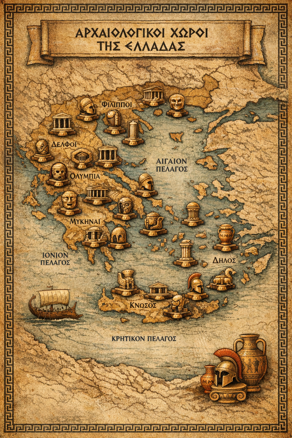 Χάρτης της Ελλάδας σε αρχαίο στυλ παπύρου με επισημασμένους αρχαιολογικούς χώρους όπως Δελφοί, Ολυμπία, Μυκήνες, Κνωσός και Δήλος.