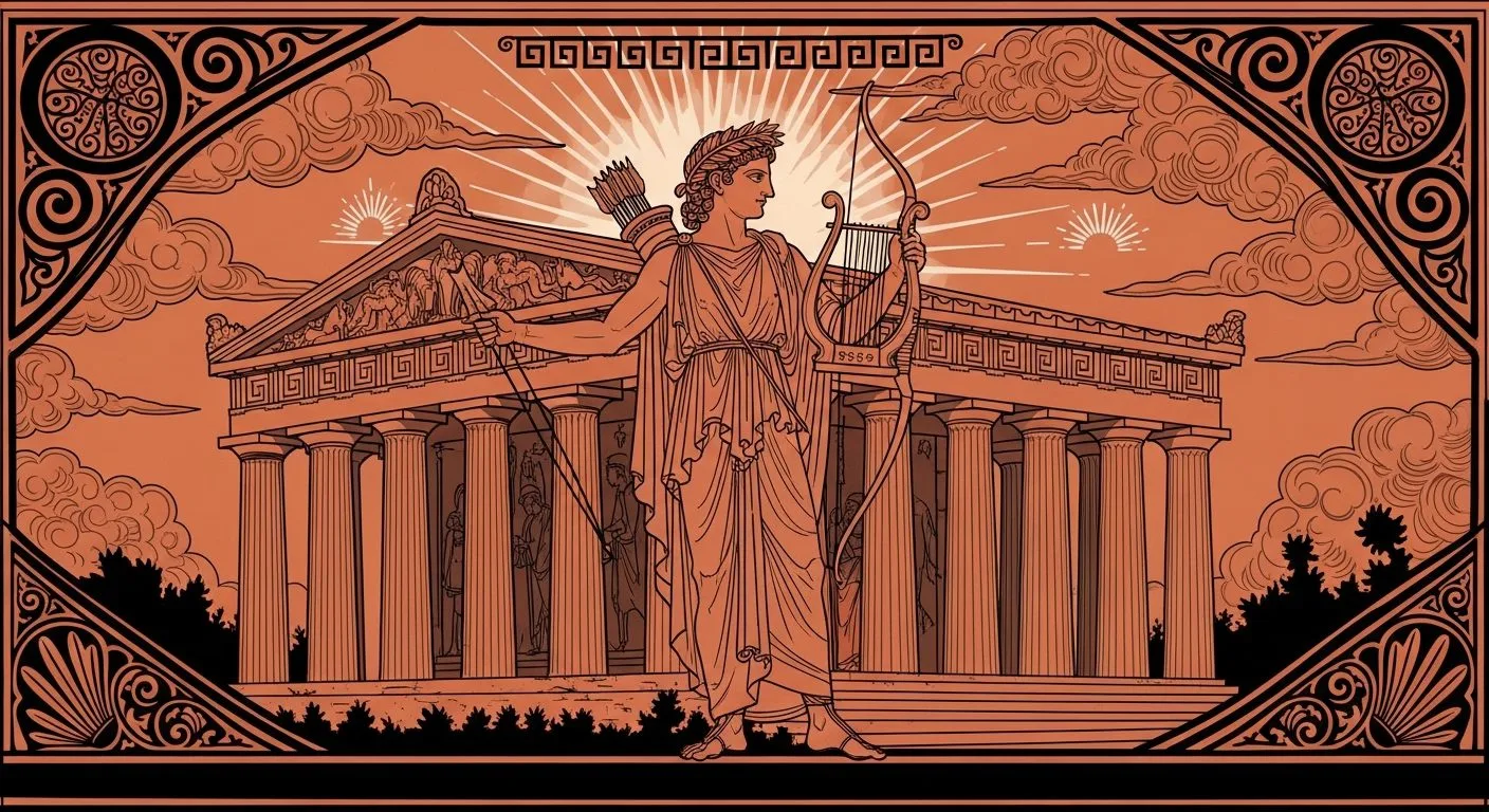 Ο θεός Απόλλων μπροστά από αρχαιοελληνικό ναό, εικονογράφηση εμπνευσμένη από την αρχαία ελληνική αγγειογραφία.