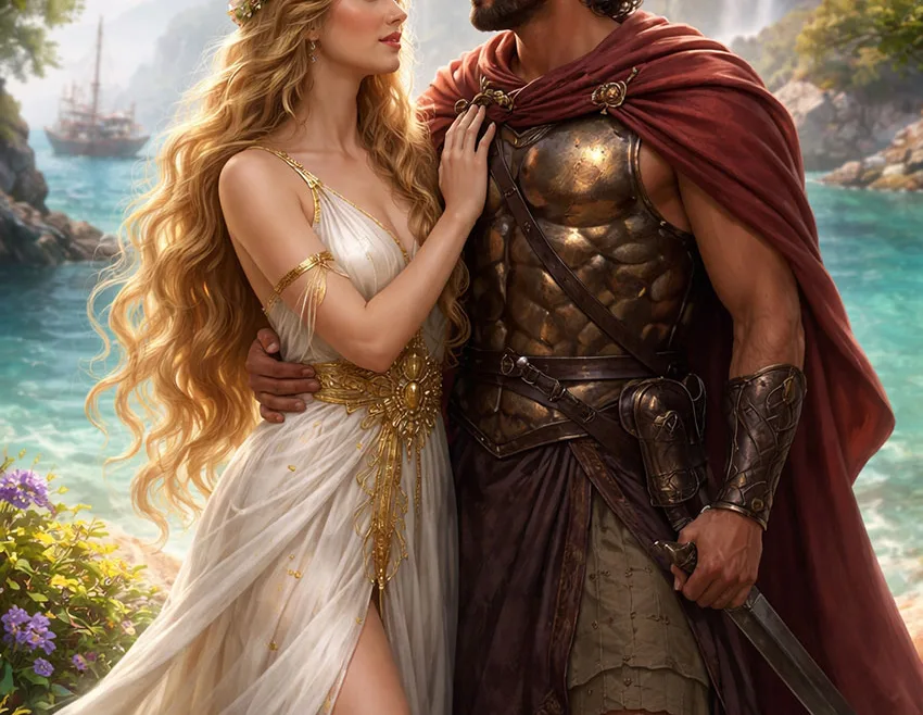 Calypso, the nymph of Ogygia, with Ulysses on her island – epic scene of Greek mythology