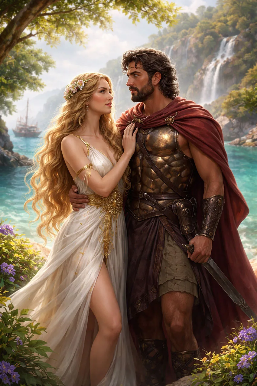 Η Καλυψώ, η νύμφη της Ωγυγίας, με τον Οδυσσέα στο νησί της – επική σκηνή ελληνικής μυθολογίας