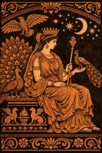 Η Ήρα, βασίλισσα των θεών στην ελληνική μυθολογία, με βασιλική ενδυμασία και σύμβολα εξουσίας.