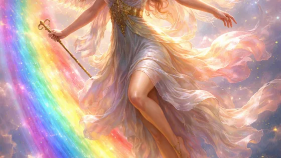 Ίρις, θεά του ουράνιου τόξου, αιθέρια γυναίκα με φτερά και ρέουσα ενδυμασία, περπατά πάνω σε ζωντανό ουράνιο τόξο στην ελληνική μυθολογία
