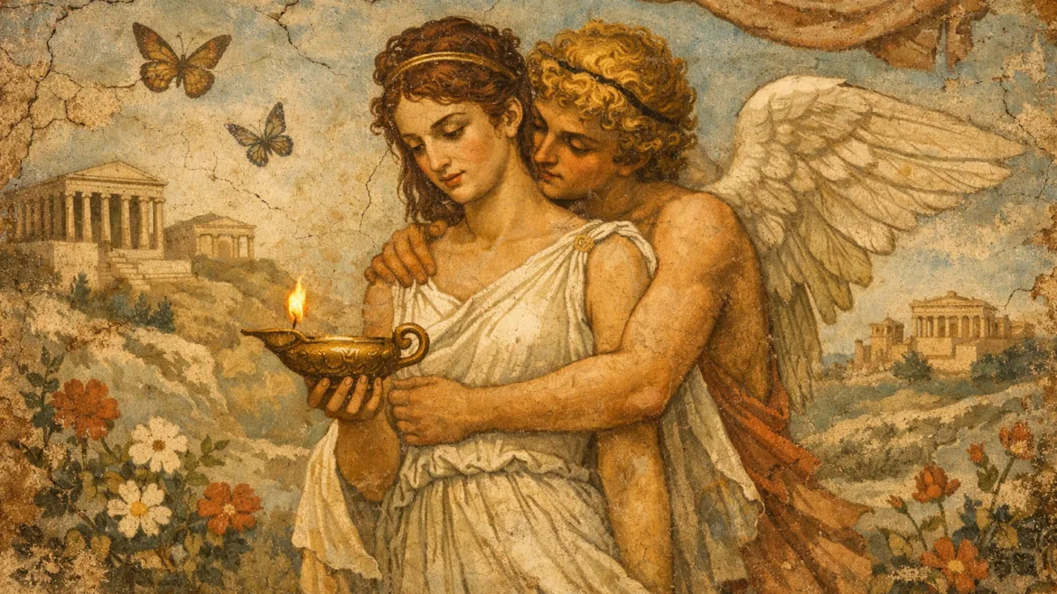 Psyche and Eros hug in an ancient Greek temple scene, red-figure ceramic style