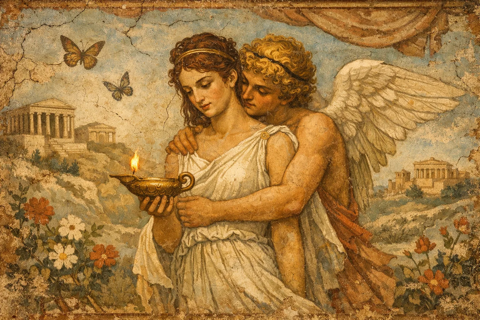 Η Ψυχή και ο Έρωτας αγκαλιά σε σκηνή αρχαιοελληνικού ναού, σε στυλ red-figure ceramic