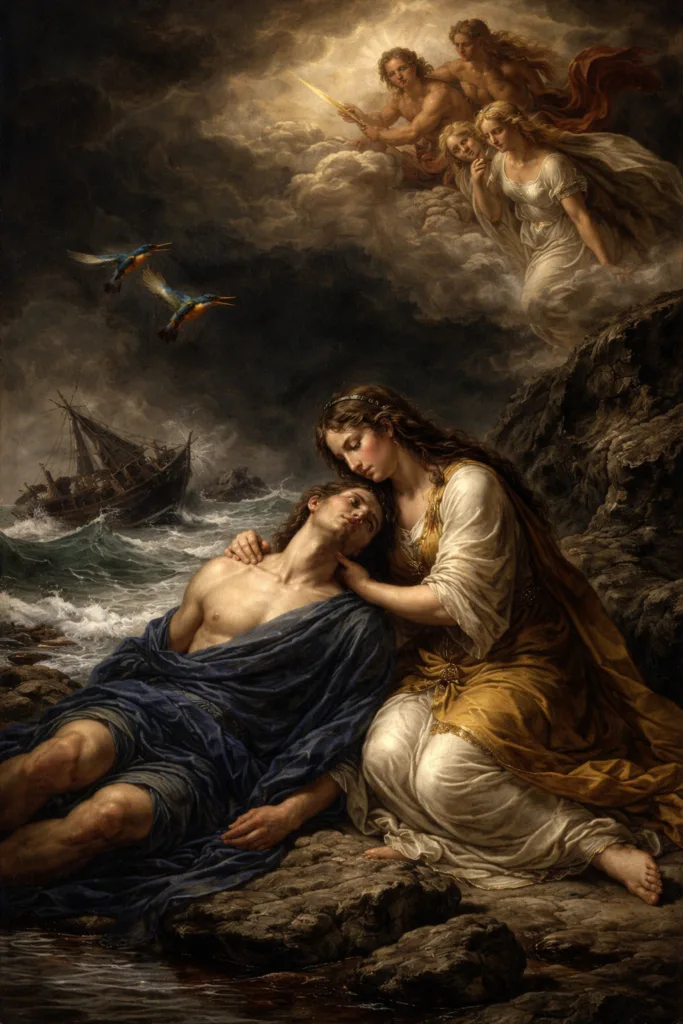 Η Αλκυόνη κρατά τον νεκρό Κήυκα σε δραματική σκηνή στην ακτή, εμπνευσμένη από τον μύθο της ελληνικής μυθολογίας
