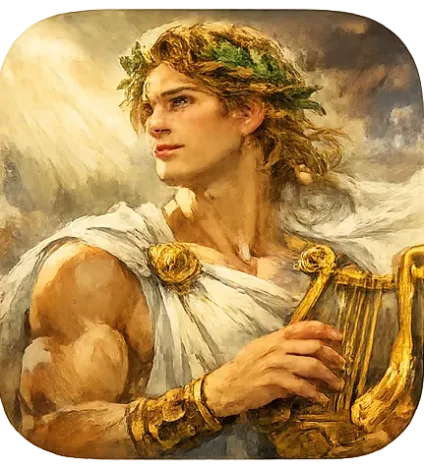 Apollo, god of light and music in Greek mythology, with lyre in bright forest landscape.