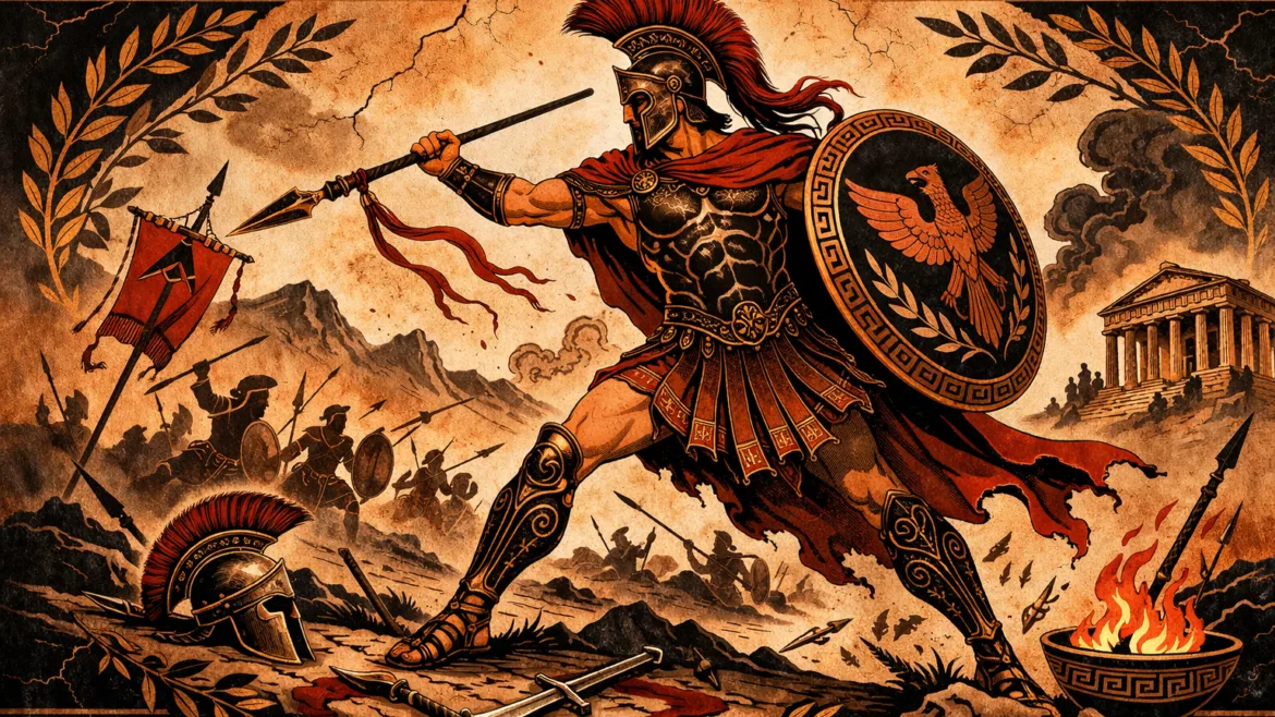 Mars, god of war in Greek mythology, with bronze armor and helmet with red feathered ribbon, holding spear and shield in burning battle