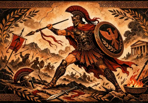 Mars, god of war in Greek mythology, with bronze armor and helmet with red feathered ribbon, holding spear and shield in burning battle