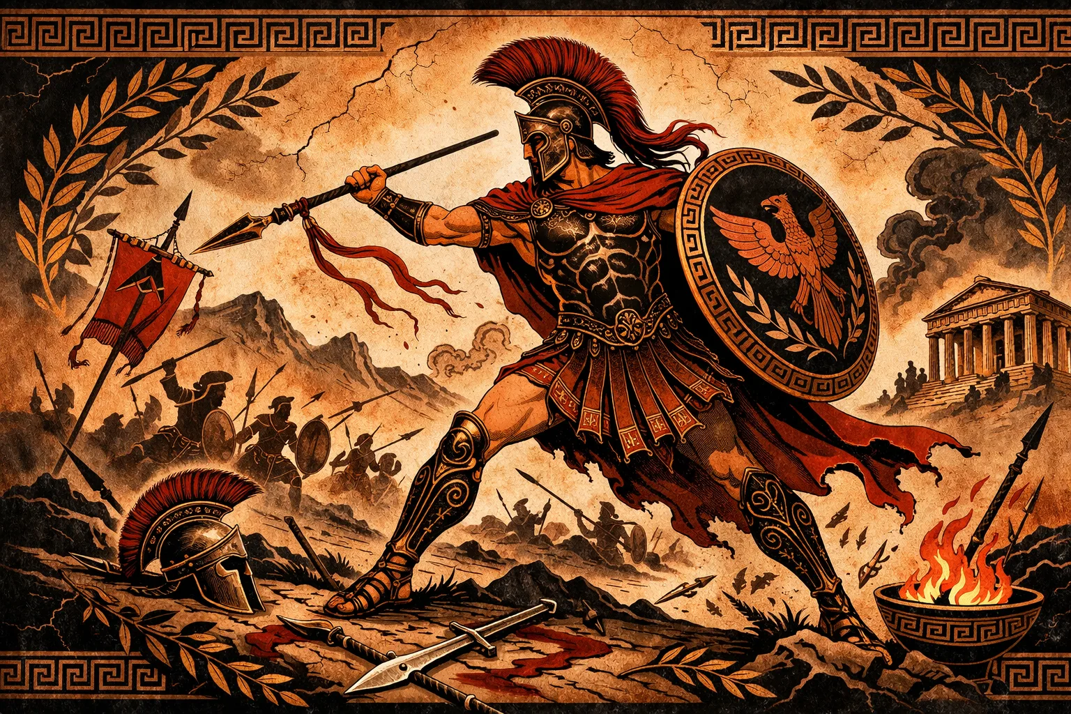 Mars, god of war in Greek mythology, with bronze armor and helmet with red feathered ribbon, holding spear and shield in burning battle