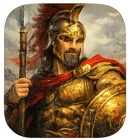 Mars, god of war in Greek mythology, with bronze armor and helmet with red feathered ribbon, holding spear and shield in burning battle