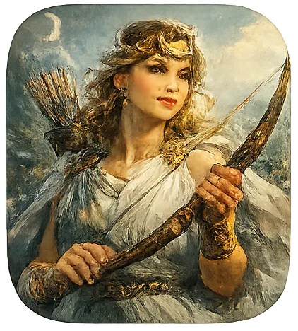 Artemis, a goddess of hunting in Greek mythology, lying in magical forest with bow and deer, in artistic depiction.
