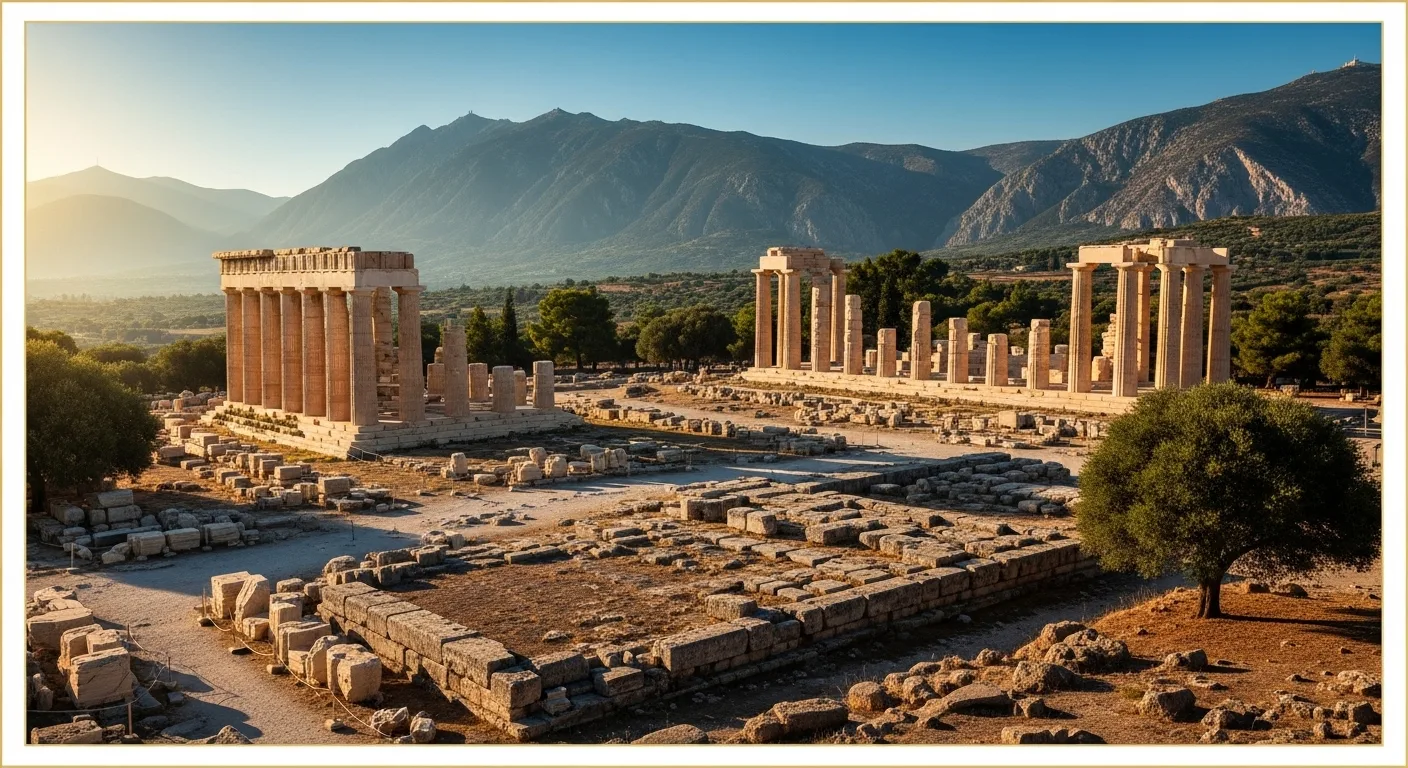 Archaeological sites of ancient Greece with temples and ruins