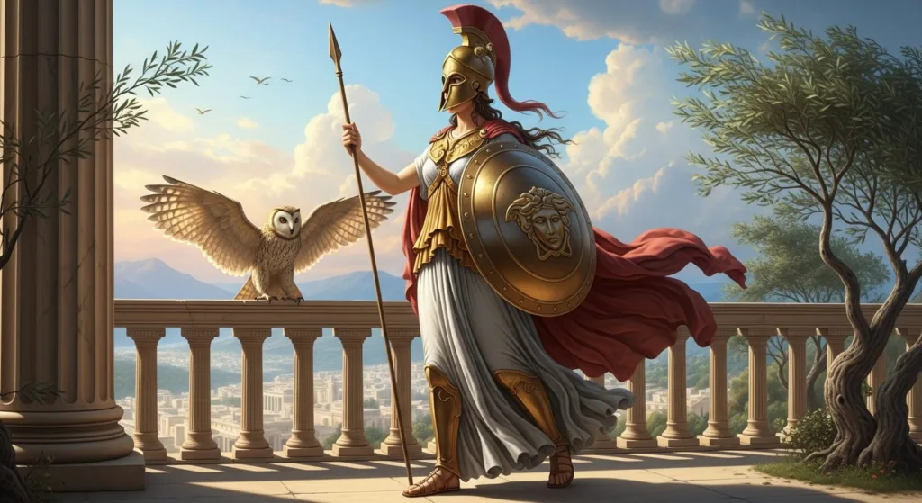 Classic painting of the high quality of Athena, with helmets, spears, shield and coco