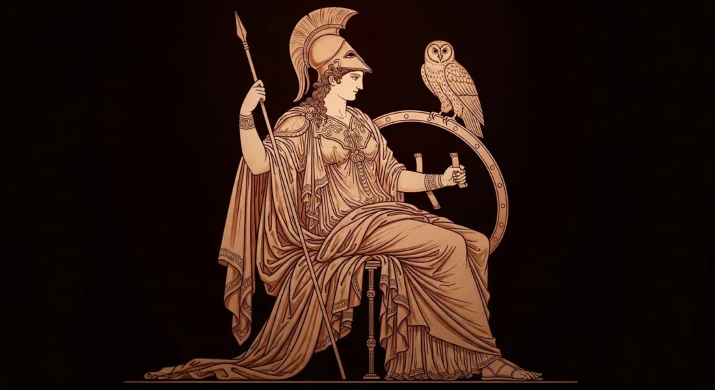 Η Αθηνά, θεά της σοφίας και του πολέμου στην ελληνική μυθολογία, με δόρυ, ασπίδα και κουκουβάγια.