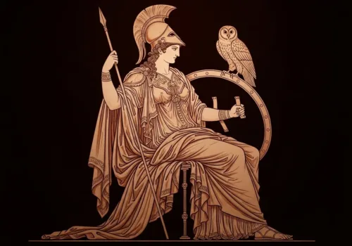 Athena, goddess of wisdom and war in Greek mythology, with spear, shield and owl.