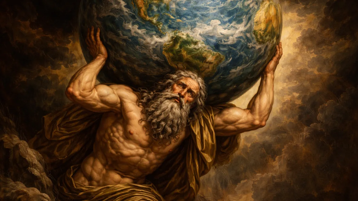 Atlas of Greek mythology keeps the Earth in a baroque painting with intense shadows and dramatic lighting