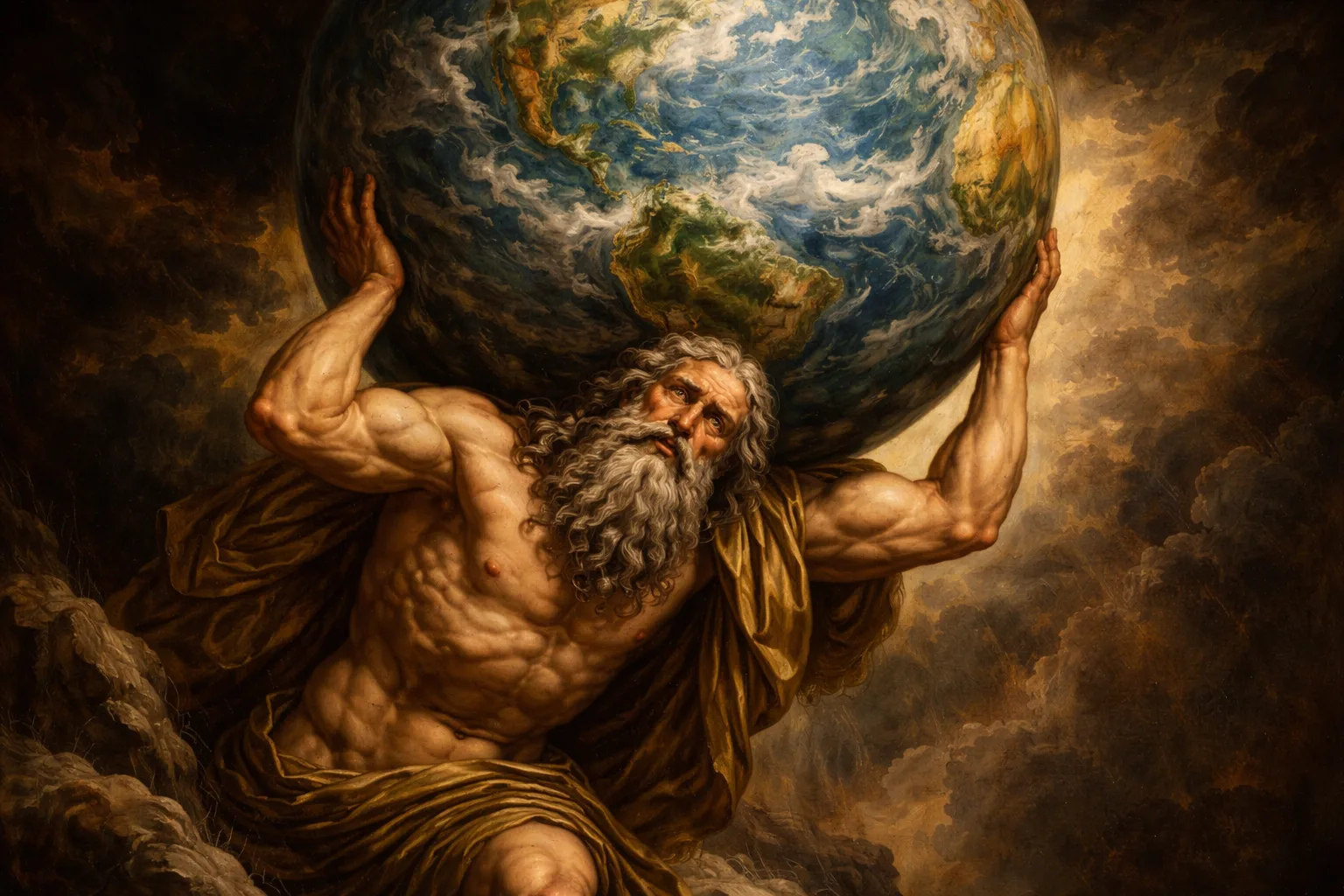 Ο Άτλας από την ελληνική μυθολογία κρατά τη Γη σε πίνακα μπαρόκ ύφους με έντονες σκιές και δραματικό φωτισμό