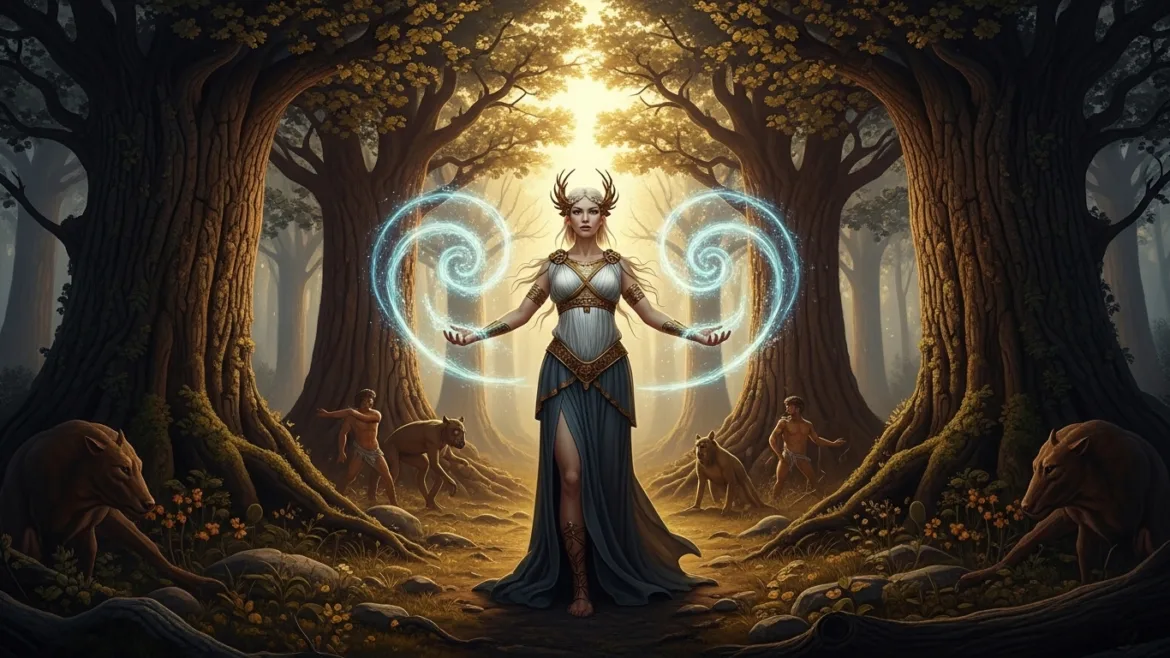 Epic depiction of Circe in Greek mythology, a witch who transforms people into animals, with magical energy in ancient tree forest