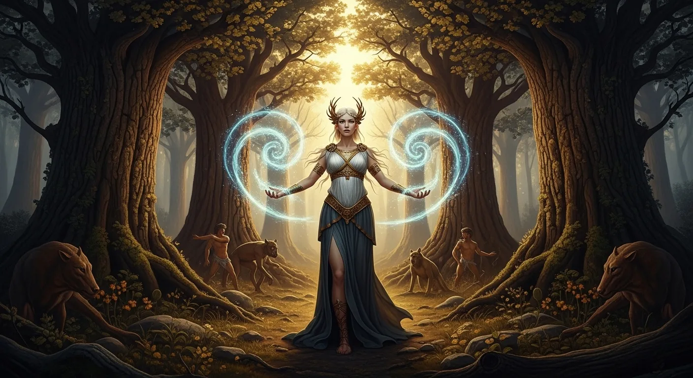 Επική απεικόνιση της Κίρκης στην ελληνική μυθολογία, μάγισσα που μεταμορφώνει ανθρώπους σε ζώα, με μαγική ενέργεια σε δάσος αρχαίων δέντρων