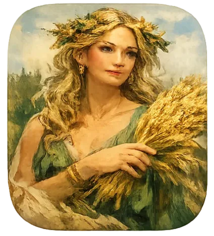 Demitra, goddess of agriculture in Greek mythology, among ears holding fruit of the earth.