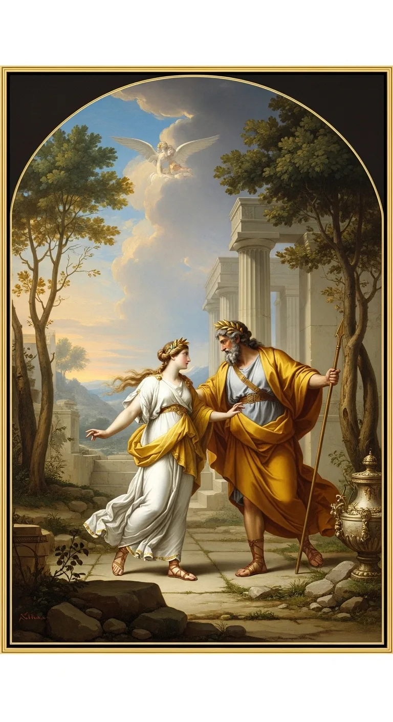Zeus falls in love with Leto in a scene from Greek mythology.