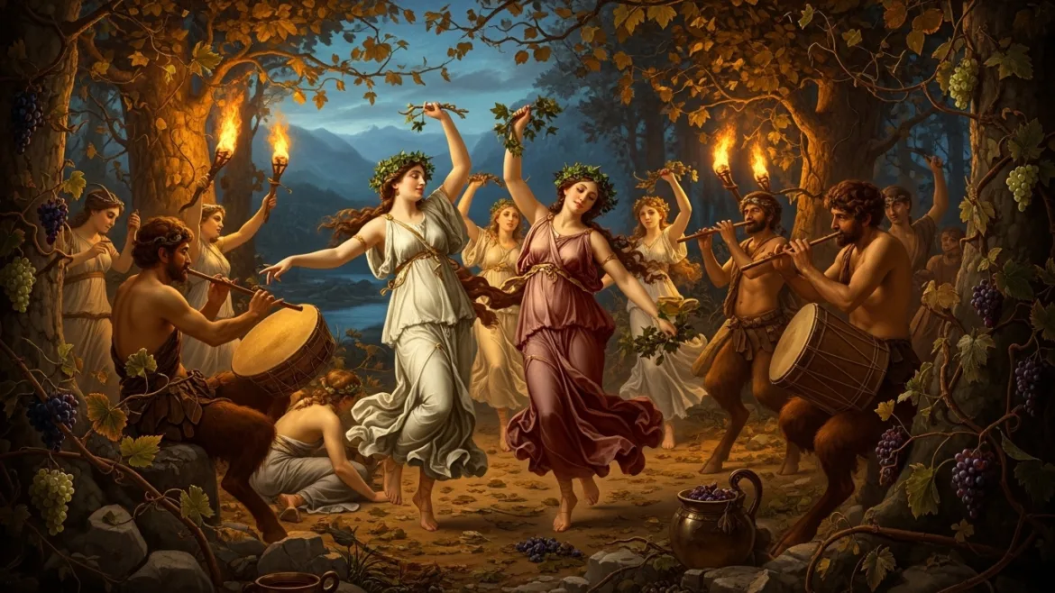 Bacchas and satyrs at a dionysian ceremony in Greek mythology with dance and music