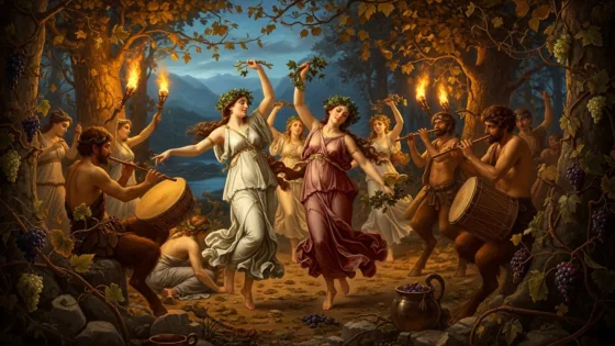 Bacchas and satyrs at a dionysian ceremony in Greek mythology with dance and music