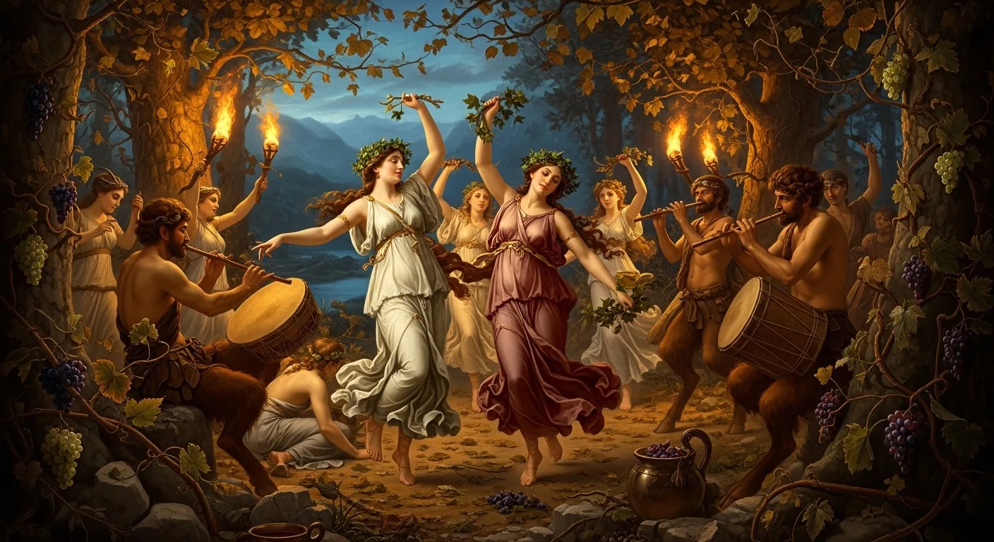 Βάκχες και σάτυροι σε διονυσιακή τελετή στην ελληνική μυθολογία με χορό και μουσική