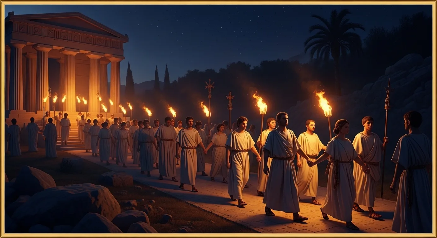 Eleusinian Mysteries in ancient Greece with a night procession of mysteries