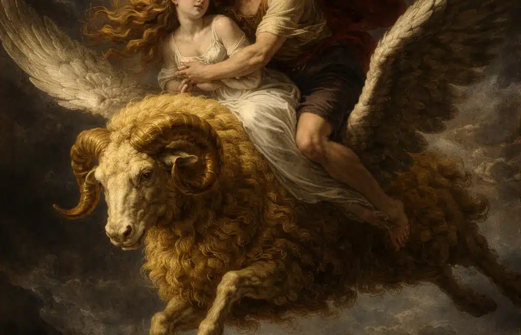 Frixos and Ellie on the golden-haired ram in dramatic style with intense contrast of light and shadow